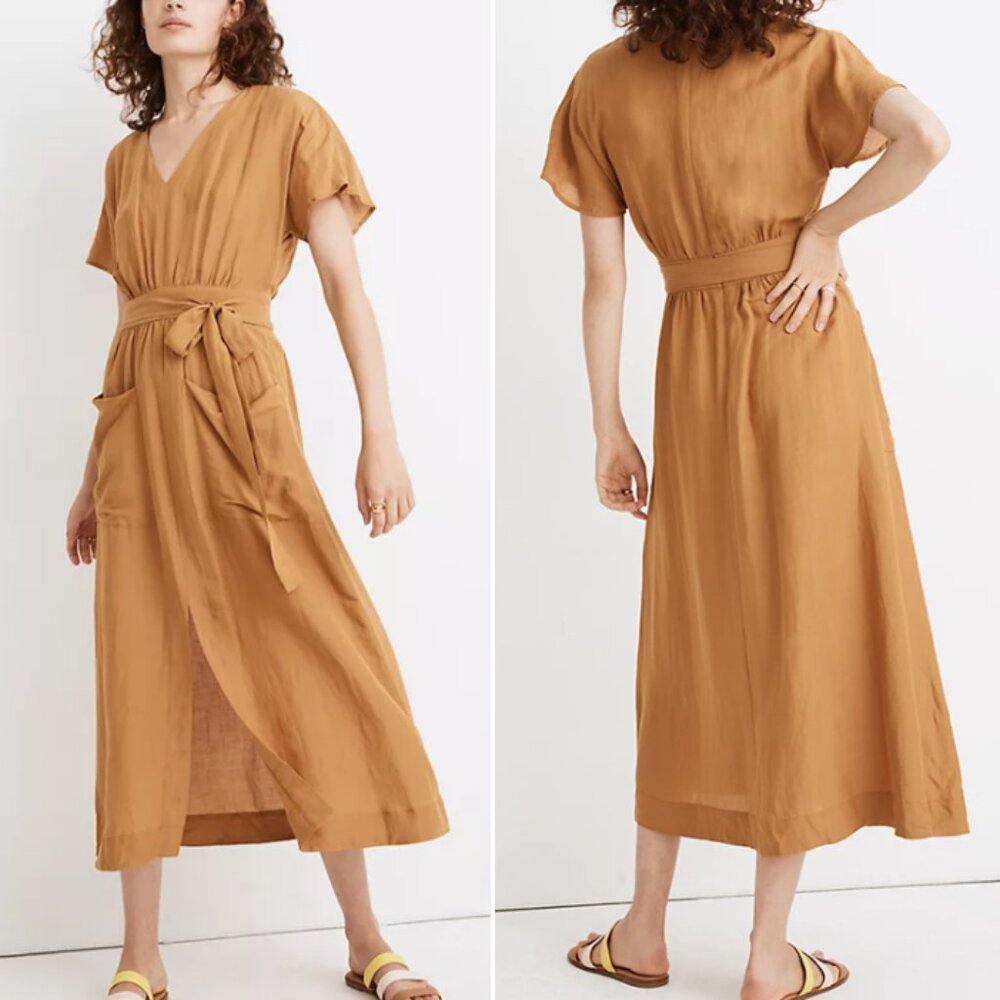 Madewell linen-blend dolman sleeve tie-waist midi dress